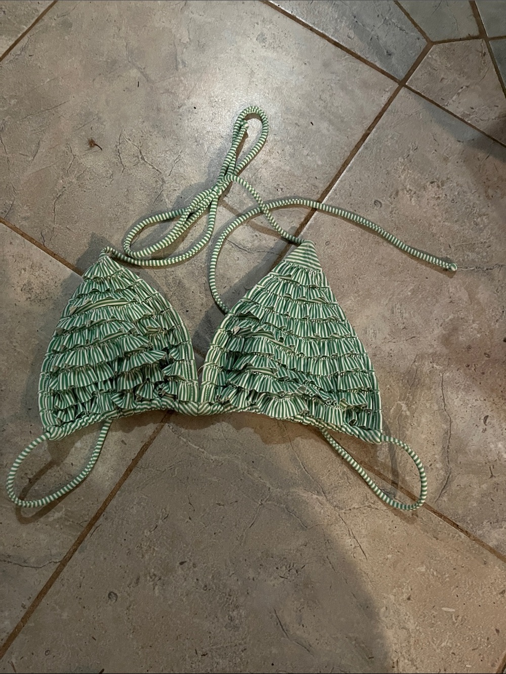 Striped Green-Trim Triangle Bikini Top